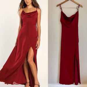NWOT Unforgettable Love Wine Red Satin Cowl Neck Faux-Wrap Maxi Dress